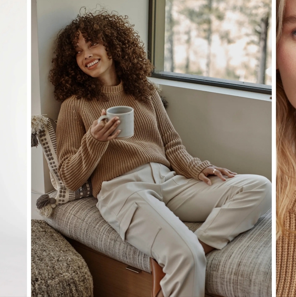 QUINCE Cotton FISHERMAN KNIT Crewneck Camel Long Sleeve Sweater Sz M